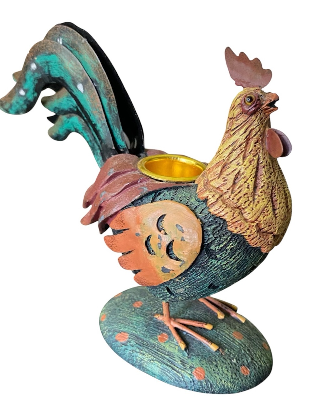Rooster Candle Holder Rustic Farmhouse Cottage Metal Feathers Painted Chicken